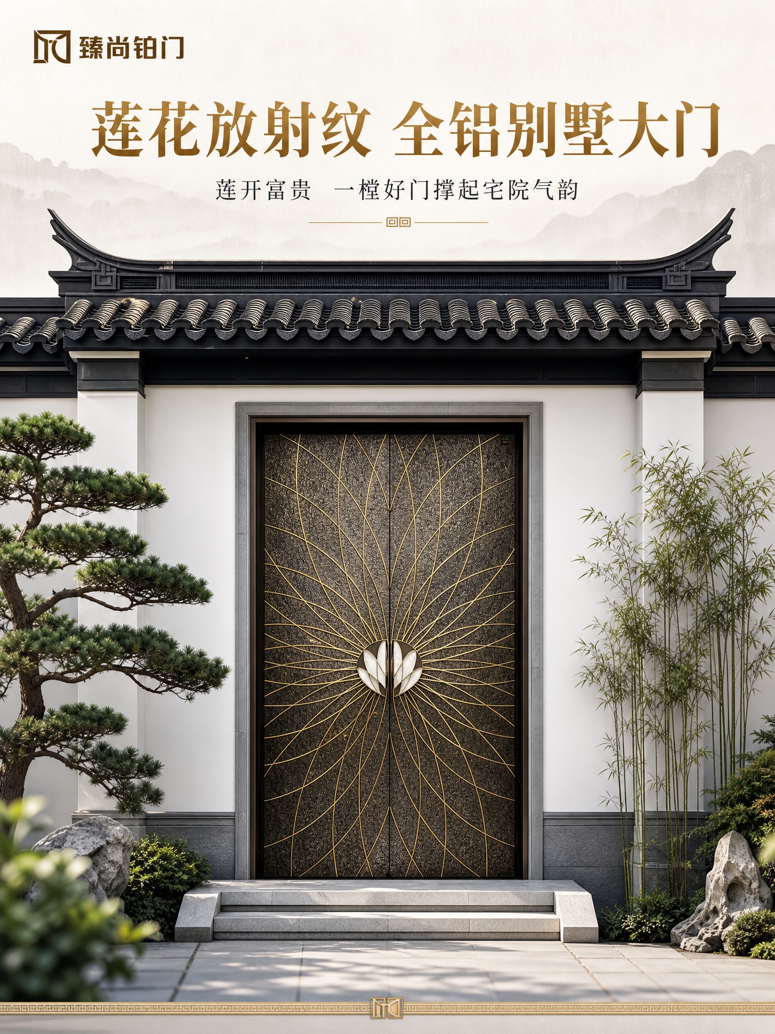 [商品] 使用【图1】莲花放射纹全铝别墅双开大门；保留深古铜色… - 图片创意预览