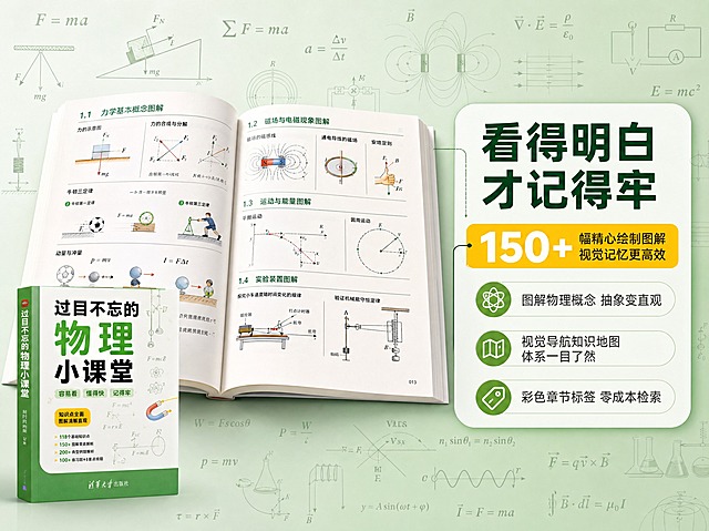 [商品] 使用【图1】《过目不忘的物理小课堂》书籍；保留封面全部设计元素和文字，书籍颜色、结构、比例不变。
[画面] 卖点3-150+图解视觉记忆屏，左右分栏布局。左侧：本书翻开内页大图，展示多幅物理图解（力学受力分析图、磁场磁感线图、运动轨迹图、实验装置示意图等），图解丰富清晰；右侧：文字信息区。背景显著加入大量物理学科元素：各种力学符号、磁场图案、公式、实验装置简图以半透明方式散布，形成浓厚的物理知识视觉氛围，突出本书图解丰富的特点。
[视觉] 套系策略：风格=清新教育风商业摄影；标题字=现代粗黑体；正文字=简洁无衬线体；主色=清新绿；背景延展=清新绿深浅渐变+白色+浅绿灰，叠加半透明物理公式与力学磁场图案；强调色=暖黄；标题色=深绿；正文色=深灰；组件=圆角信息卡、细线引线、物理公式装饰；光影=左前侧柔和自然光。
[文字] 右侧主标题"看得见 才记得牢"，副标题"150+幅精心绘制图解 视觉记忆更高效"，大数字"150+"用强调色突出，下方3个要点："图解物理概念 抽象变直观""视觉导航知识地图 体系一目了然""彩色章节标签 零成本检索"。全部横向排版。
[规格] 790×950px，4K，避免变形、错字、文字过小、极限词、书籍变色。