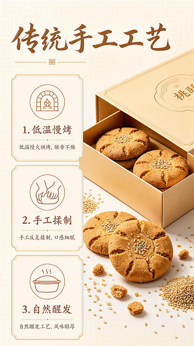 [第4屏] 制作工艺介绍屏，本屏使用【图1】作为产品参考。
[氛围/风格] 高端新中式，传统工艺质感，素雅干净，人文氛围感，商业摄影质感。
[元素布局] 画面左半部分竖向排列三个工艺步骤卡片：「低温慢烤、手工揉制、自然醒发」，每个步骤配简化中式图标；右半部分放置完整核桃酥产品和包装局部，保持产品形状、颜色、芝麻分布与原图一致；背景点缀浅米色回纹暗纹，增加中式韵味。
[光影质感] 均匀柔光，整体画面明亮干净，每个步骤卡片清晰不重叠，产品细节真实自然。
[配色色系] 全局底色：#F8F3E9（米宣色）；卡片配色：浅金色描边+米白底；字色延续首屏方案保持一致。
[视角构图] 左文右图版式，左右分栏清晰，信息层次分明，适合手机阅读。
[文字版式] 顶部主标题「传统手工工艺」，温润书法字体，#8B5A2B纯色填充，字号占比8%；三个工艺步骤竖向排列，每个步骤标题加粗，小字说明工艺特点，文字排布整齐不拥挤。全套沿用首屏字体、字色和字效。
[比例分辨率] 9:16竖版比例，4K分辨率，文字清晰可辨。
[负向提示词] 产品变形，文字错乱，颜色偏差，图标模糊，水印，违规表达
