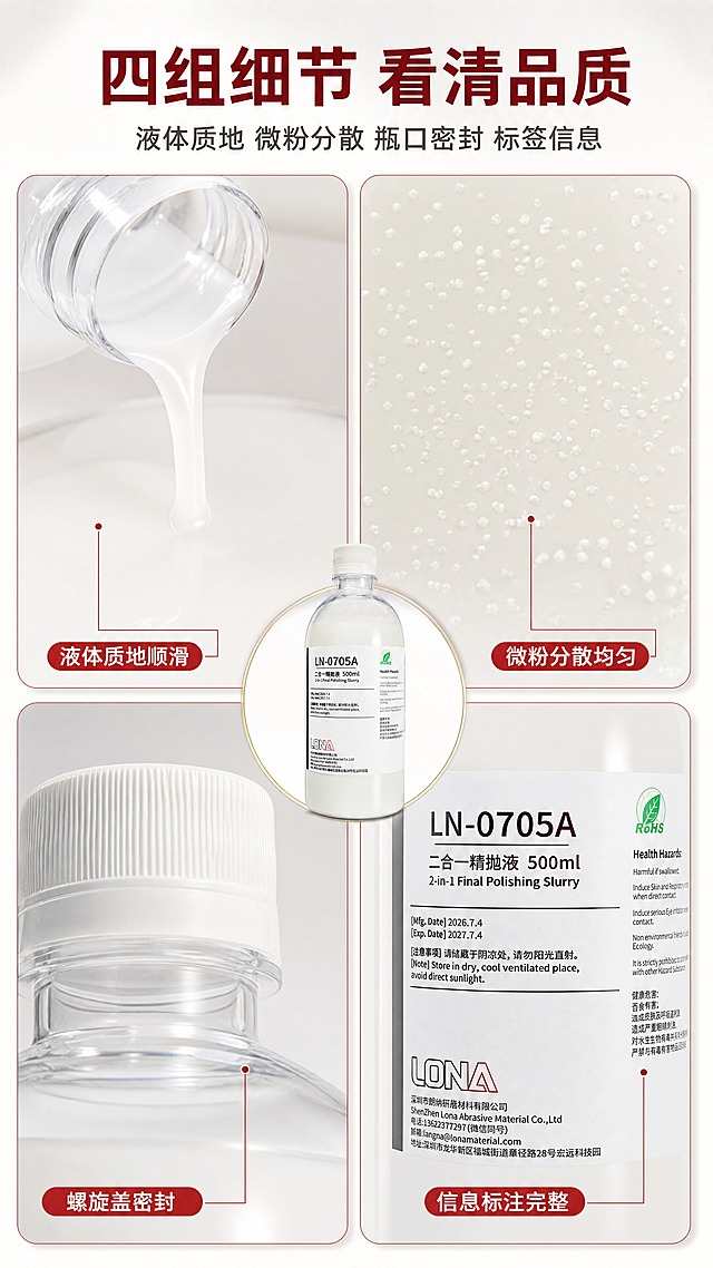 [商品] 使用【图1】LONA LN-0705A 二合一精抛液 500ml 实物瓶：右下角宫格内为瓶身标签信息特写，必须清楚保留型号“LN-0705A”（其中“0705A”深红色）、品名“二合一精抛液 500ml”、英文“2-in-1 Final Polishing Slurry”、绿色叶子状 RoHS 标识与“LONA”品牌标识；另需保留白色半透明直筒瓶型、白色竖纹螺旋瓶盖的密封纹路；只做清晰化与光影融合，严禁改写、翻译、增删瓶身文字与 Logo；本张主体为四组微距。
[画面] 细节微距页，2×2 宫格。左上：半透明液体被倾倒流动的液体质地微距；右上：微粉在液体中均匀分散的显微微距，颗粒清晰不结团；左下：白色竖纹螺旋瓶盖与瓶口密封结构特写，可见螺纹与密封环；右下：瓶身白色标签信息特写，可见型号、RoHS 标识与品牌标识；每格配红色细线引线与 4-8 字标签，宫格中央放小尺寸完整产品瓶作锚点；背景浅暖灰渐变与细腻纸面质感，四格间有均匀白边与柔和投影；三层信息：微距图 / 标签文字 / 细线引线与产品锚点。
[视觉] 套系策略：风格=国内电商功效型详情页（白底+中国红+香槟金），商业质感微距摄影；标题字=思源黑体 Heavy 粗黑无衬线；正文字=思源黑体 Regular；主色=纯白；背景延展=纯白到浅暖灰(#F5F3F0)的深浅层级、柔光渐变与细腻纸面质感；强调色=中国红#D5232E 与香槟金#C9A063，仅用于小面积细线引线、标签、图标与局部高光；标题色=深酒红#8E1B22；正文色=深灰#3A3A3A；组件=圆角白底宫格卡+红色细描边、胶囊标签、细线引线、微距放大框；光影=统一左前侧柔光，四格光位一致，暖色体系不使用冷蓝/蓝灰/冷灰作为背景或卡片主色。
[文字] 主标题“四组细节 看清品质”（深酒红粗黑体，横向单行）；副标题“液体质地 微粉分散 瓶口密封 标签信息”（深灰体，横向单行）；四格标签依次“液体质地顺滑”“微粉分散均匀”“螺旋盖密封”“信息标注完整”。所有文字仅横向排版，禁止竖排、旋转、单字竖列、斜排；不使用绝对化用语。
[规格] 图片比例 9:16 竖版，2160×3840，4K；避免变形、错字乱码、文字过小、四格光位不一致、二维码、条形码、水印、平台 Logo 或角标、冷蓝蓝灰背景、标签文字被改写。