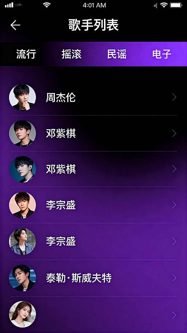 现代简约风格音乐类app歌手列表页，黑紫分色渐变主题，包含歌手列表布局、歌手头像和名称展示、分类筛选，UI设计规整清晰