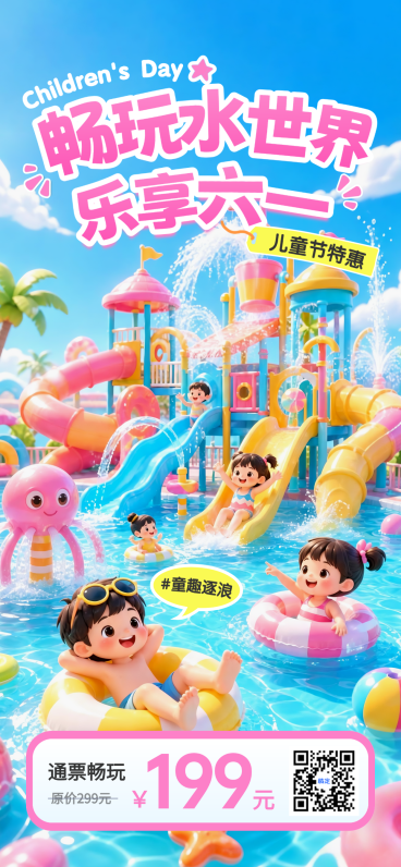 六一儿童节水上乐园节日营销宣传童趣风全屏海报预览效果