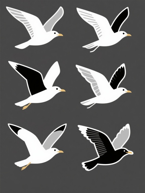 白色背景上，6个不同样式、不同风格、不同材质的海鸥以整齐的排列方式呈现，它们具有简约的线条、平面化的设计风格，主要由白色和黑色组成，姿态优美地展翅飞翔，整体画面简洁干净，富有设计感。预览效果