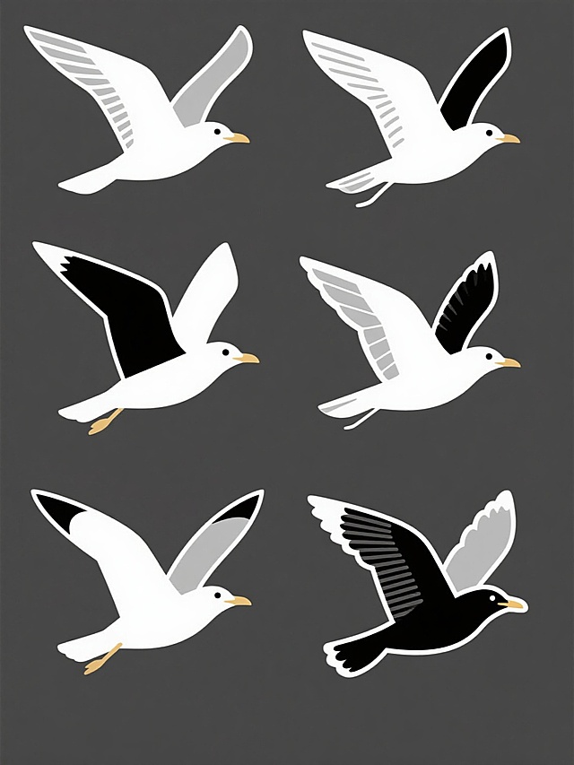 白色背景上，6个不同样式、不同风格、不同材质的海鸥以整齐的排列方式呈现，它们具有简约的线条、平面化的设计风格，主要由白色和黑色组成，姿态优美地展翅飞翔，整体画面简洁干净，富有设计感。