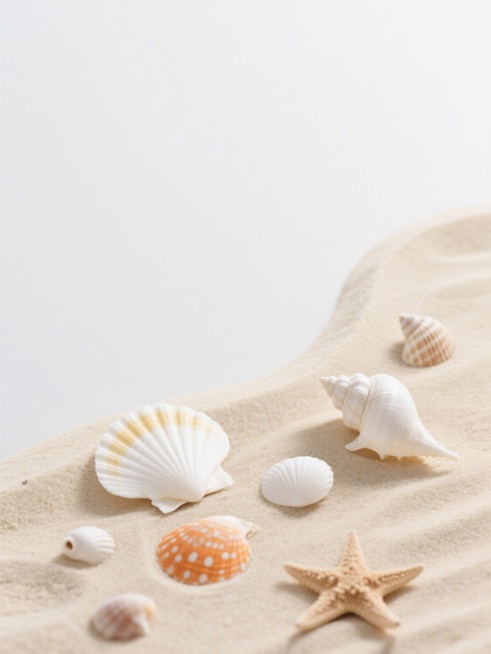 一张具有干净简约风格的贝壳装饰海报，画面右侧和底部由细腻的浅米色沙滩构成自然的波浪形边界，沙滩上散落着多种贝壳元素，包括大而完整的白色扇贝（带有浅黄细密条纹）、螺旋状的白色海螺、小巧的白色贝壳、橙色带白色斑点的扇形贝壳以及浅棕色海星，贝壳与沙滩的质感真实细腻，光线柔和明亮，营造出宁静清新的氛围。画面左侧和上方保留约70%的纯净白色空白区域，形成清晰的视觉层级，整体构图简洁大方，信息传达直接，符……预览效果