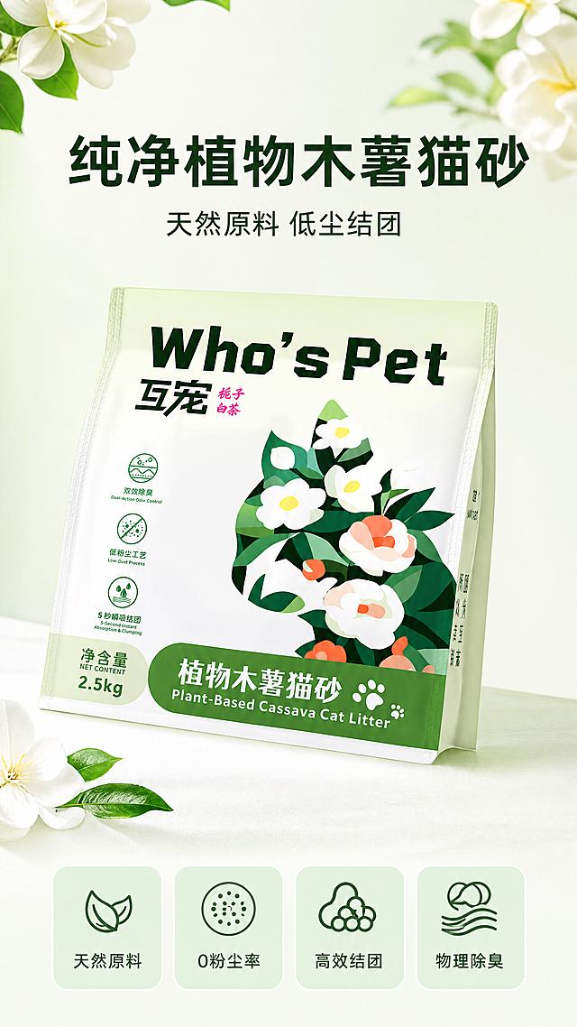 [第1屏] 详情页头图，Who's Pet互宠栀子白茶植物木薯猫砂产品宣传海报。本屏使用【图1】作为商品包装主体参考，保持产品包装外观、绿色植物花卉设计、文字信息完全一致。
[氛围/风格] 清新自然风格，浅绿清新背景，干净通透，商业宠物用品摄影质感，画面干净舒适，突出产品天然安全的调性。
[元素布局] 互宠木薯猫砂包装袋放在画面中心偏上区域，占据画面60%-65%主体位置，保持包装袋原有设计结构、绿色花卉图案、品牌文字信息完全一致。背景为浅渐变浅绿色，底部预留文案区域，上方可以点缀少量清新白色栀子花作为装饰元素，整体干净不杂乱，突出产品主体。
[光影质感] 正面柔和主光照亮产品包装袋，背景均匀明亮，产品边缘保留清晰轮廓，右下角形成自然柔和投影，整体通透干净，产品清晰真实。
[配色色系] 全局底色：#F2F9F1（浅奶绿）；主体配色：保留产品包装原有浅绿+白色+深绿+粉色花色；辅助色：#D6EFD8（浅绿装饰）+#2C5F2D（深绿文字）。
[视角构图] 正面平视45°斜拍，产品位于中心视觉点，底部预留完整文案区域，构图重心稳定，符合移动端从上到下阅读习惯。
[文字版式] 顶部标题区放置主标题"纯净植物木薯猫砂"，大号深绿无衬线字体，居中排列；主标题下方放置副标题"天然原料 低尘结团"，小号深绿色字体；产品主体下方放置信息条，四个核心卖点图标+短标签分别是："天然原料" "0粉尘率" "高效结团" "物理除臭"，每个标签配浅绿圆角底，横向均匀排列，文字清晰不拥挤，不遮挡产品主体。
[比例分辨率] 9:16竖版比例，4K分辨率，文字清晰可辨，超高清。
[负向提示词] 包装变形，文字错乱，颜色偏差，花卉图案变形，产品模糊，水印，背景杂乱，违规宣传语，结构错误，缺件错件。