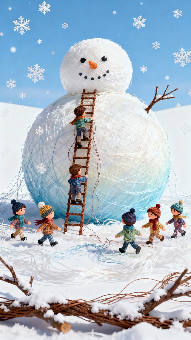 立冬时节，一个可爱的巨大的卡通雪人在雪地上，一个梯子搭在雪人身上，有两个小朋友正在往上爬，周围五个小朋友在围着雪人玩耍，湛蓝的天空落下雪花，前景是落雪的树枝