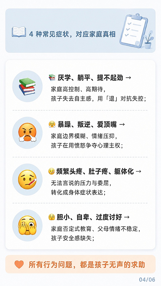 根据参考图修改，去掉页面顶部的"XX页"标题文字，保留原其他内容和配色：主色调雾霾柔蓝#B4C7D9，背景色奶雾白#F7F8FA，高亮色暖橘浅杏#F8E2D0，标题：4 种常见症状，对应家庭真相，正文：📚 厌学、躺平、提不起劲 → 家庭高控制、高期待，孩子失去自主感，用「退」对抗失控；😤 暴躁、叛逆、爱顶嘴 → 家庭边界模糊、情绪压抑，孩子在用愤怒争夺心理主权；🤒 频繁头疼、肚子疼、躯体化 → 无法言说的压力与委屈，转化成身体症状表达；🫣 胆小、自卑、过度讨好 → 家庭否定式教育、父母情绪不稳定，孩子安全感缺失，底部暖橘高亮栏写着"所有行为问题，都是孩子无声的求助"，右下角页码04/06，保持版式结构为顶部标题 + 卡片正文 + 底部金句 + 页码，简洁干净清晰的图文排版
