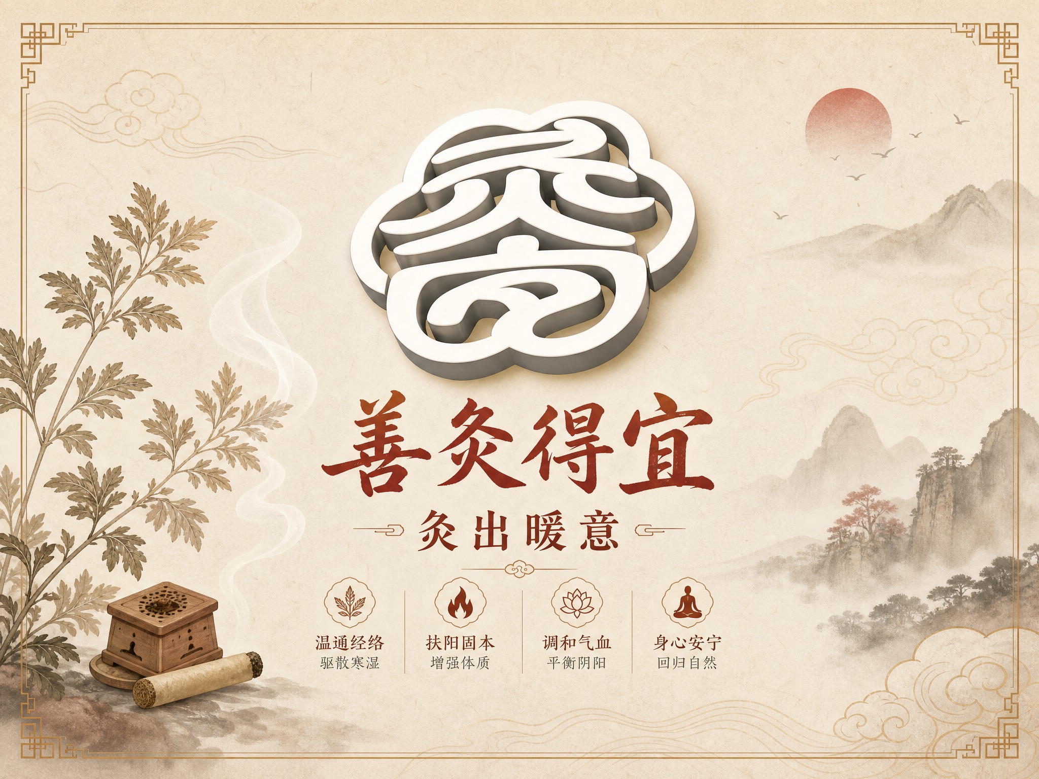 中式艾灸风格宣传单反面，新中式工笔风格，暖棕朱砂红米黄配色，温… - 图片创意预览