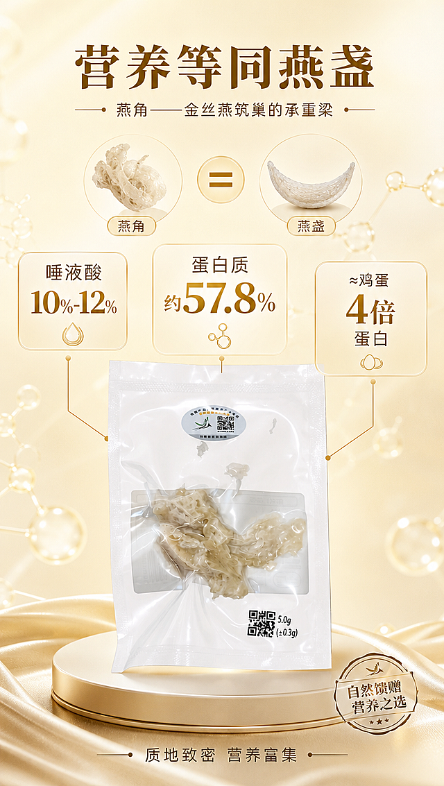 [商品] 使用【图1】独立包装燕角；保留包装与燕角原貌，燕角作为画面主体展示。
[画面] 营养对标专页，目标突出营养等同燕盏的核心卖点。中心构图，燕角微距特写居中偏下，占画面约50%；上方与两侧环绕大数字营养数据，用信息卡片形式呈现；背景为浅米金渐变，带细微分子结构光点，体现营养科技感；画面上方有「燕角=燕盏营养」的对标示意（用等号图标连接燕角与燕盏剪影）。
[视觉] 套系策略：风格=高端轻奢滋补商业摄影风；标题字=典雅宋体粗体；正文字=简洁无衬线体；主色=米白+暖金；背景延展=基于米白与暖金做深浅渐变、同色系层次和细腻丝质/纸张质感；强调色=深金棕，仅用于小面积图标、引线和标签点缀；标题色=暖金棕；正文色=深暖灰；组件=圆角浅金信息卡、细金线引线、印章式标签；光影=左前侧暖柔光，产品边缘带金色轮廓光。
[文字] 顶部主标题「营养等同燕盏」，副标题「燕角——金丝燕筑巢的承重梁」；大数字信息卡：「唾液酸 10%-12%」「蛋白质 约57.8%」「≈鸡蛋4倍蛋白」；底部小字说明「质地致密 营养富集」；全部横向排版，数字醒目。
[规格] 图片比例9:16竖版，4K分辨率，负向提示：避免变形、错字、文字过小、冷蓝背景、医疗功效承诺、极限词、商品失真。