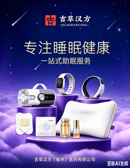 在原图基础上进行调整：将底部的文字"吉草汉方（亳州）医药有限公司"向上移动位置，将文字"专注睡眠健康"字号缩小，保证标题文字"吉草汉方"和"专注睡眠健康"两个字体大小比例协调，其他内容保持不变预览效果