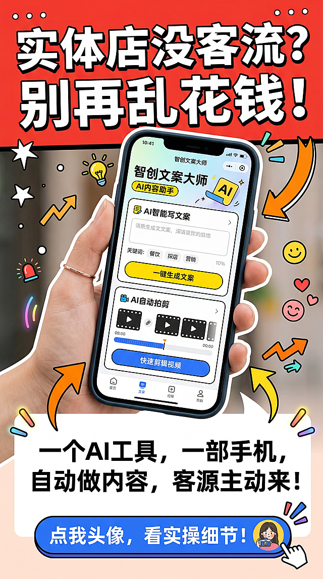 小红书风格竖版营销海报，顶部用加粗醒目的白色字体搭配红色背景写着“实体店没客流？别再乱花钱！”，中间展示一只手拿着手机，手机屏幕上呈现AI工具自动写文案和自动拍剪视频的界面，界面上有“一键生成文案”“快速剪辑视频”的按钮，下方用黑色清晰字体写着“一个AI工具，一部手机，自动做内容，客源主动来！”，底部用蓝色按钮样式写着“点我头像，看实操细节！”，整体风格活泼吸睛，添加小红书常用的白色手绘星星、橙色箭头等装饰元素，符合小红书用户审美