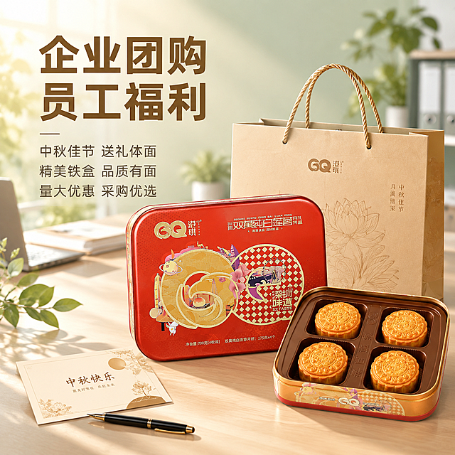 [主图-2] 公司福利场景，突出企业中秋送礼、员工福利的适配性。
[统一基调] 整体风格清新雅致，背景以浅米色、淡金色、浅茶绿为主，避免大红大黄；字体采用简洁现代的黑体家族，标题字色为深棕金，辅助字为深灰棕；排版整齐有序，不做杂乱大字报；画面有自然暖阳逆光，营造温馨食欲感。
[画面] 画面中央偏右展示港琪双黄白莲蓉月饼红色铁礼盒，礼盒旁搭配简约的浅棕色纸质手提袋，旁边放一张精致的中秋贺卡和一支钢笔，营造企业采购送礼场景；背景为浅茶绿色渐变，远处有模糊的办公桌面、文件和绿植剪影，暗示职场环境；产品占画面约50%。
[光影质感] 柔和自然光从左上方照射，礼盒金属面有细腻反光，桌面有柔和投影，整体温暖舒适。
[配色] 背景主色浅茶绿+米白，标题深棕金色，辅助文字深灰棕色。
[文字版式] 左侧上方主标题："企业团购 员工福利"，字号醒目；下方分三行小字："中秋佳节 送礼体面" "精美铁盒 品质有面" "量大优惠 采购优选"；文字横排左对齐，排版整齐，信息层级清晰。
[输出要求] 1:1正方形，2048x2048，文字清晰可读，产品完整；负向：变形、错字、模糊、杂乱、水印、平台Logo、大红大黄、夸张促销元素。