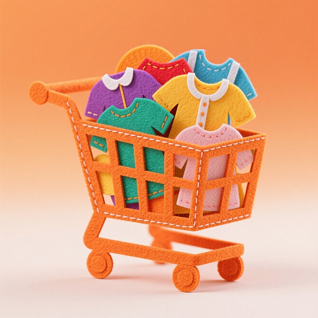 可爱感十足的微缩购物车，卡通风格拼贴设计，面料质感衣物堆叠其中，温暖橙色背景衬托童趣氛围。