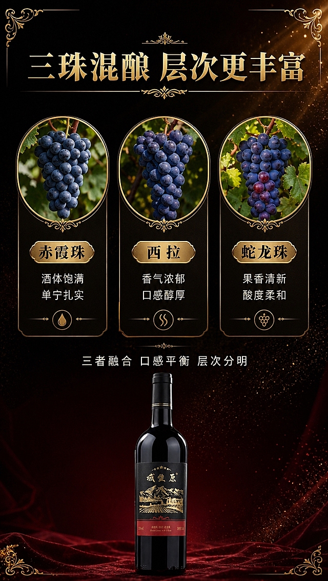 [商品] 使用【图1】域生原干红葡萄酒瓶身；保留酒标上的红色底条与「赤霞珠·西拉·蛇龙珠」文字、所有金色图案与文字；产品缩小置于底部中央，不改变商品本体内容。
[画面] 目标：三珠混酿专页，展示三种葡萄品种的特色与混酿优势。构图：上中下结构，上方主标题；中部三个葡萄品种横向排列，每款配葡萄串特写与品种说明；底部产品小图。背景：深黑到酒红渐变，暗金色纹理，左右金色装饰角花。阅读动线：顶部标题→中部三个品种→底部产品。景别：品种展示+信息页。
[视觉] 套系策略：风格=高端红酒商业摄影，黑金红三色质感，电影级光影；标题字=粗宋体衬线大字，厚重典雅；正文字=简洁无衬线体；主色=深邃酒红+高级黑；背景延展=基于黑红做渐变、暗金纹理、光束与粒子效果；强调色=璀璨金色，用于标题、图标、引线、装饰纹样与重点高亮；标题色=渐变烫金色；正文色=米白+浅金；组件=金色装饰纹样分割线、黑金信息卡、古典角花、圆形数字徽章；光影=均匀柔光，葡萄颗粒通透有光泽。
[文字] 顶部主标题「三珠混酿 层次更丰富」，金色渐变烫金粗体大字，上下金色装饰花纹；中部三个品种横向排列，每款配金色圆形品种名：「赤霞珠」酒体饱满 单宁扎实；「西拉」香气浓郁 口感醇厚；「蛇龙珠」果香清新 酸度柔和。底部产品上方一行说明「三者融合 口感平衡 层次分明」，米白色。全部文字横排。
[规格] 图片比例9:16竖版，4K分辨率，medium质量。避免变形、错字、文字过小、葡萄颜色失真、绝对化用语。