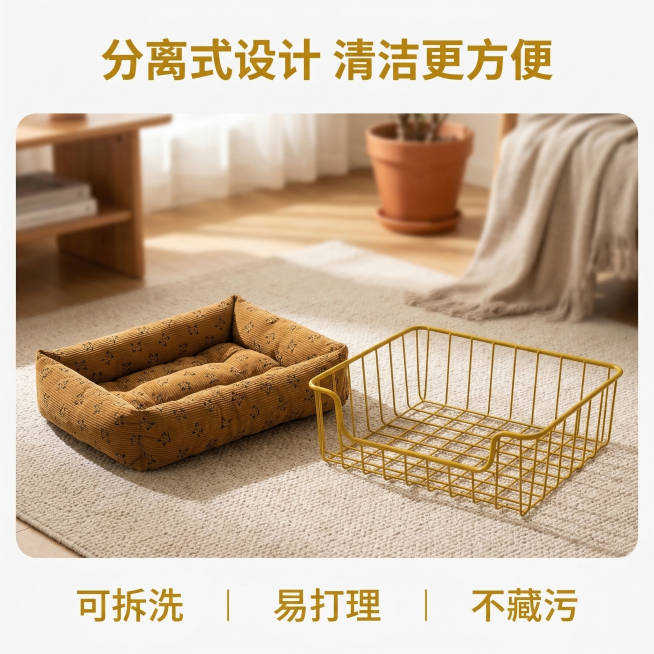 参考原图产品外观，保持产品颜色和样式不变，展示狗窝分离设计卖点：框架和内垫分离摆放在家居地毯上，清晰展示可拆分结构，浅景深虚化背景。风格保持舒适简约治愈，暖调自然光和整体一致性。顶部文字“分离式设计预览效果