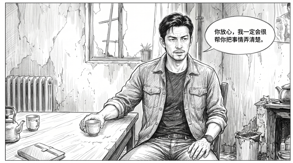 基于第一张图的便衣警官陈峰，绘制他在破旧出租屋桌子旁开口承诺的分镜，台词气泡写："你放心，我一定会很好帮你把事情弄清楚。"，整体画面风格完全匹配第二张图的精细铅笔素描漫画分镜风格，保留人物穿牛仔夹克牛预览效果