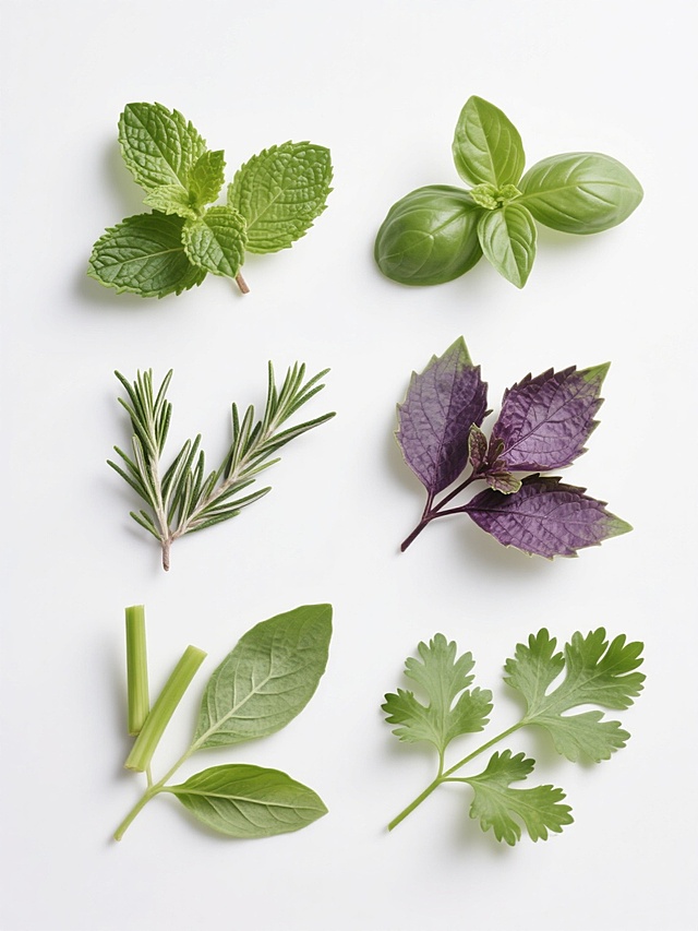 高清摄影风格，纯白纯色背景，六组不同的新鲜香草植物叶片特写，每组元素保持与原图一致的高清晰度、自然光影、细腻纹理和饱满色彩表现，分别为：薄荷叶、罗勒叶、迷迭香叶、紫苏叶、香茅叶、香菜叶，呈2x3网格规整排布，整体构图平衡对称，各元素间距均匀，保持统一的清新自然氛围和高品质产品摄影质感。