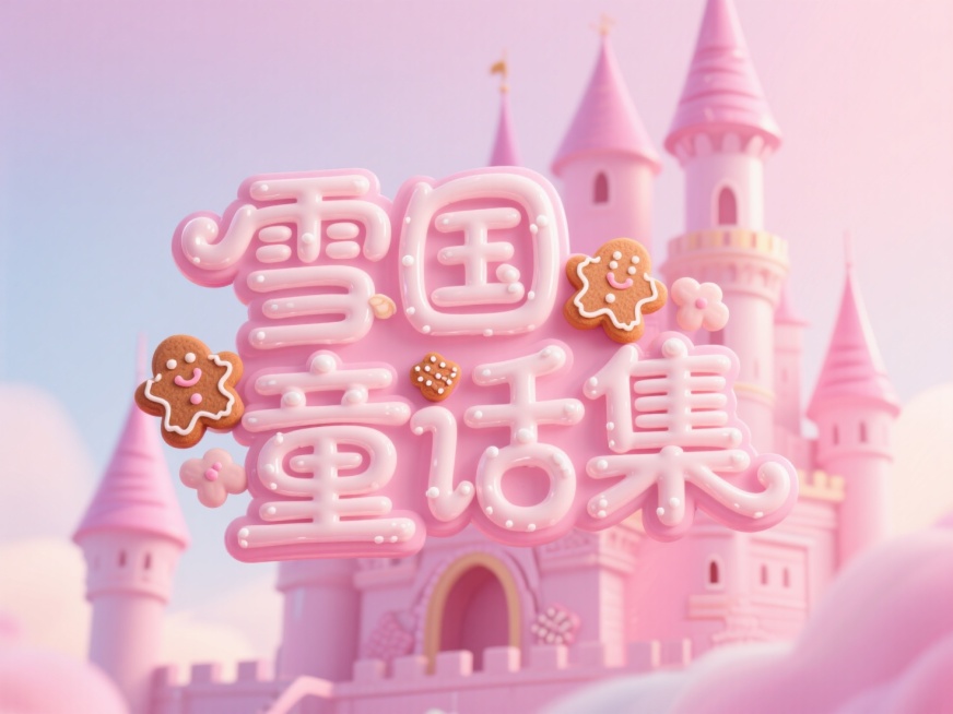 中央呈现粉白糖霜质感的 “雪国童话集” 立体甜美艺术字，点缀姜饼元素，粉色渐变城堡为背景预览效果