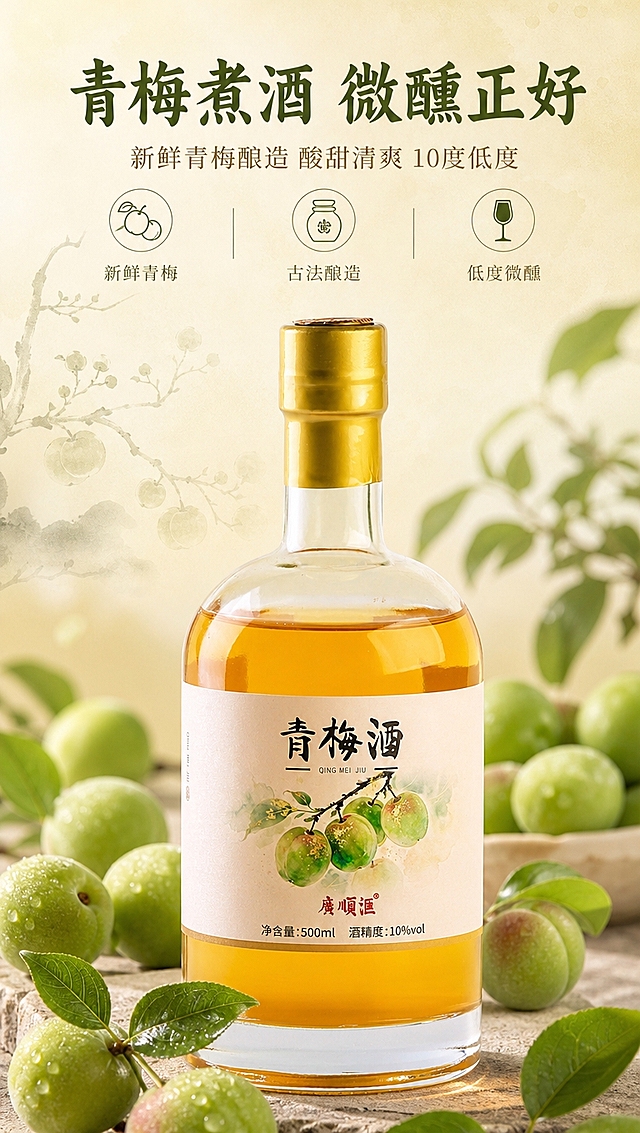 [商品] 使用【图1】广顺滙青梅酒500ml透明玻璃瓶；保留瓶身结构、金色瓶盖、酒液琥珀金黄色、标签上的"青梅酒"书法字、青梅插画、"廣順滙"品牌名、净含量500ml和酒精度10%vol等全部文字与图案；仅做光影融合和清晰度提升，不改变任何商品本体文字和结构。
[画面] 目标：国风清新头图，突出青梅酒颜值与酸甜清爽的微醺氛围；构图：上文下图，产品居中偏下，占画面约55%；前景散落新鲜青梅果实和绿叶，中景为产品主体，后景为虚化的浅米黄色国风渐变背景，带淡淡水墨青梅枝影；整体层次≥3层，营造雅致中式果酒氛围感，参考【图2】的青梅原料包围+浅米黄底氛围风格。
[视觉] 套系策略：风格=国风清新雅致商业摄影；标题字=书法宋体/国风衬线粗体；正文字=简洁宋体；主色=青梅绿+暖金+浅米黄；背景延展=基于浅米黄做深浅渐变、同色系纸张质感和水墨青梅枝影；强调色=青梅青绿，仅用于小面积图标、引线和青梅点缀；标题色=深墨绿；正文色=暖棕灰；组件=圆角浅底信息卡、细线引线、青梅叶装饰；光影=左前侧暖柔光，酒液通透有光泽。
[文字] 顶部居中主标题：「青梅煮酒 微醺正好」（8字），副标题：「新鲜青梅酿造 酸甜清爽 10度低度」；主标题下方左右分布3个短卖点icon：① 新鲜青梅 ② 古法酿造 ③ 低度微醺；所有文字横向排版，不遮挡瓶身标签和酒液主体；文字区位于画面上半部分留白处。
[规格] 图片比例9:16竖版，4K分辨率，负向提示：避免变形、错字、文字过小、冷蓝背景、瓶身文字错乱、酒液颜色改变、绝对化宣传用语、平台Logo水印。