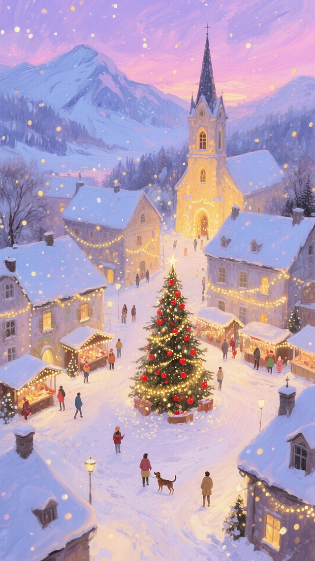 复古欧式小镇，屋顶与地面覆盖蓬松白雪，建筑挂满暖黄圣诞灯，中心广场矗立装饰着红金饰品的巨型圣诞树，周围散布着圣诞市集摊位，行人（含遛狗者、亲子等）在雪地中活动；背景是黄昏时分粉紫渐变的天空，远处山脉覆雪，教堂尖塔高耸。构图采用俯瞰视角，层次丰富，材质上雪具蓬松质感、灯光暖柔，色彩以暖黄灯火与冷蓝雪景对比，搭配粉紫天际，画面风格温馨梦幻，充满圣诞节日氛围
