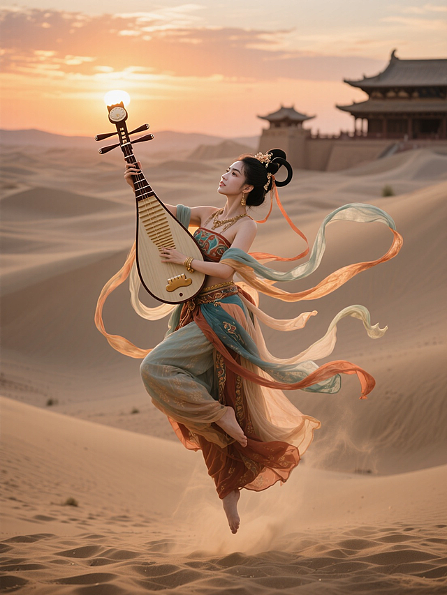 古典中式国潮风，梦幻唯美超现实主义，飞天琵琶舞动沙漠夕阳。