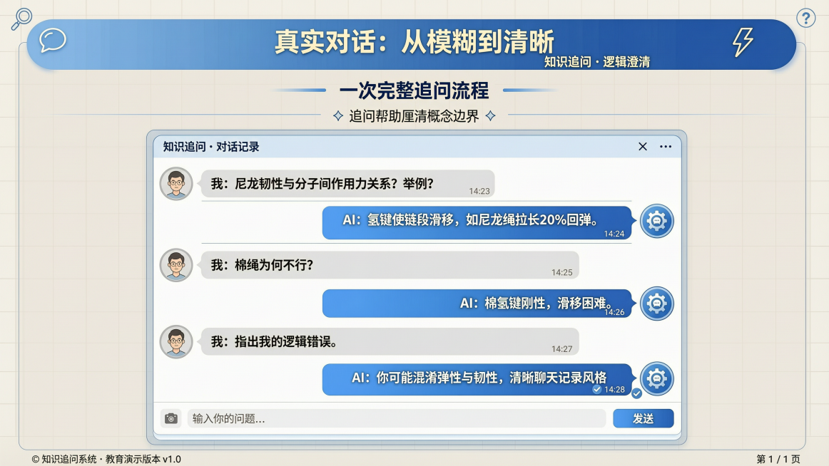 PPT页面，聊天记录样式构图，大标题文字"真实对话：从模糊到清晰"，小标题文字"一次完整追问流程"，正文文字"追问帮助厘清概念边界"，仿聊天对话框布局，依次展示用户和AI的对话内容，分别搭配用户头像和预览效果