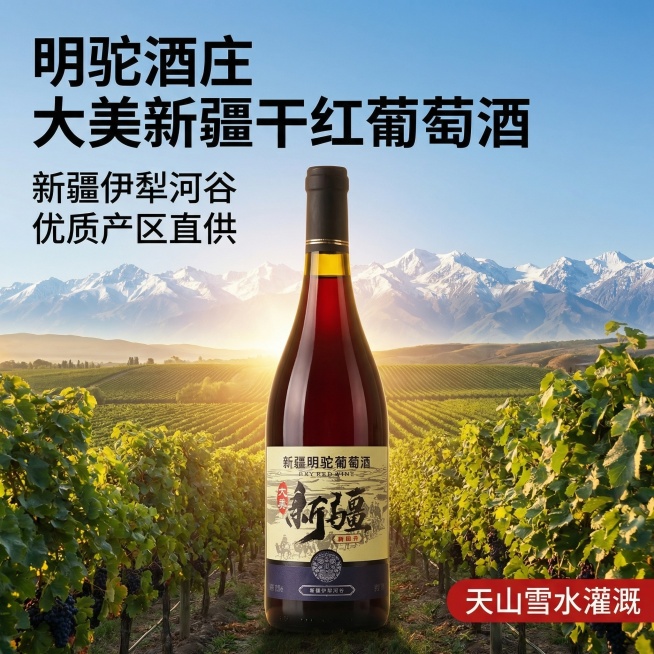 [主图 1] 明驼酒庄大美新疆干红葡萄酒首图，突出新疆地域优势
[氛围/风格] 品质高端，自然高级风，突出新疆天山产地氛围感，食欲感满满
[画面元素] 干红葡萄酒瓶居中展示，保持产品外观与原图完全一致预览效果