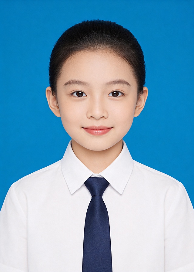 政务感与商务感兼具，实景拍摄呈现纯净蓝背景与白衬衫深蓝领带的双色设计风，简洁利落，符合正式证件照规范。