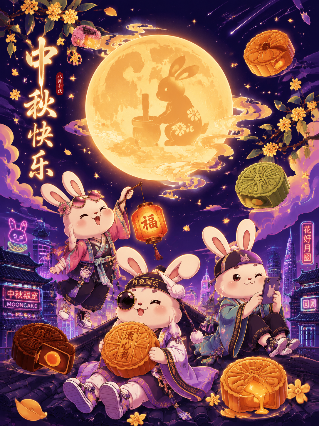 中秋主题插画，年轻人喜爱的国潮扁平插画风格，潮流现代，色彩明快… - 图片创意预览