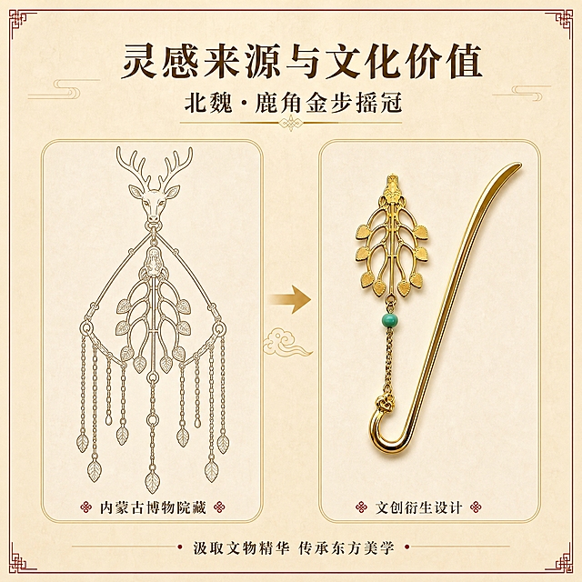 [主图-4] 灵感来源与文化价值，展示北魏鹿角金步摇冠文物与文创产品的对照关系，讲好国风故事。
[统一基调] 整体风格=国风雅致写实商业摄影；背景主色=浅米金；标题字色=深棕金；辅助字色=暖棕灰；强调色=朱砂红；字体样式=宋体衬线粗体；卡片/边框样式=细金色圆角边框、浅底信息卡。
[画面] 左右分栏构图，左侧为北魏鹿角金步摇冠文物线稿图，右侧为本次书签实物图；中间用一个金色祥云箭头连接，表示设计灵感来源；整体背景为浅米仿古宣纸质感，四角有传统回纹边框装饰。
[光影质感] 均匀柔和自然光，文物线稿线条清晰流畅，产品实物金属光泽真实，左右两侧光影统一，画面干净典雅。
[配色] 主色浅米金，背景为宣纸纹理浅米色；强调色朱砂红用于边框和小装饰；金色线条与深棕文字形成和谐国风配色。
[文字版式] 顶部居中主标题「灵感来源」，下方副标题「北魏·鹿角金步摇冠」；左侧文物图下方标注「内蒙古博物院藏」；右侧产品图下方标注「文创衍生设计」；底部小字说明「汲取文物精华 传承东方美学」；所有文字横排，工整清晰。
[输出要求] 1:1正方形800×800px，2K分辨率，文字清晰可读，产品清晰锐利；避免变形、错字、模糊、杂乱、水印、平台Logo、冷蓝背景、产品结构失真。
