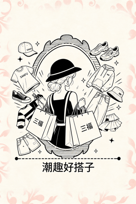 潮趣好搭子海报，黑白线描风格，逛街人背影，手中提着三福购物袋，袋子中迸发出三福的衣服、鞋子、裤子、帽子，保留粉色暗纹背景，整体风格与参考图一致，底部配文字"潮趣好搭子"预览效果