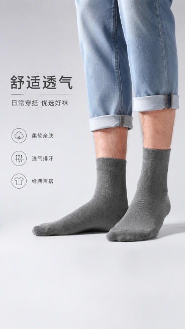 商业海报，高级商业摄影风格，真人模特小腿局部特写，低角度仰拍，仅展示小腿到双脚部分，出镜完整清晰，穿搭浅蓝色卷边牛仔裤赤足，脚踝清晰露出，脚上穿着原灰色针织中筒袜，保留原袜子的颜色和针织纹理，针织纹理预览效果