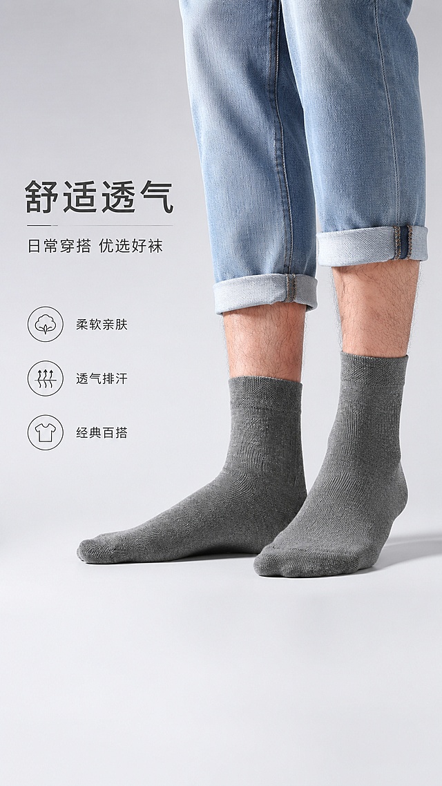 商业海报，高级商业摄影风格，真人模特小腿局部特写，低角度仰拍，仅展示小腿到双脚部分，出镜完整清晰，穿搭浅蓝色卷边牛仔裤赤足，脚踝清晰露出，脚上穿着原灰色针织中筒袜，保留原袜子的颜色和针织纹理，针织纹理细腻柔软，透气面料细节清晰可见，侧前方柔和光影，浅灰色渐变简约背景，皮肤自然真实，画面预留干净留白区域用于放品牌文案LOGO，8K高清，色彩柔和低饱和，无杂乱道具，版式精美。主标题“舒适透气”，副标题“日常穿搭 优选好袜”，卖点标签“柔软亲肤”“透气排汗”“经典百搭”。负面提示词：手脚畸形、腿部扭曲、袜子变形、自动生成文字、水印、污渍、模糊低画质、五官崩坏、多余杂物、暗沉发黑