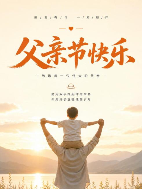 参考原图父亲节温馨风格，优化字体排版和画面布局，保留父子骑肩温馨背影元素和父亲节祝福文案，整体适配3:4比例电子屏展示，风格温暖治愈预览效果