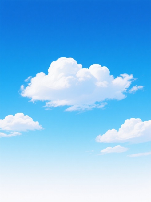 一张明亮、通透的天空背景图，上方是纯净的蓝色，从顶部的深蓝色逐渐过渡到下方的浅蓝色，底部是柔和的白色渐变。几朵形态自然、边缘柔和的白色云朵散布在天空中，云朵体积饱满，带有轻微的光影效果，呈现出轻盈飘逸的质感。整体画面简洁明快，充满宁静、开阔、清新的氛围，给人一种舒适、放松的感觉。预览效果