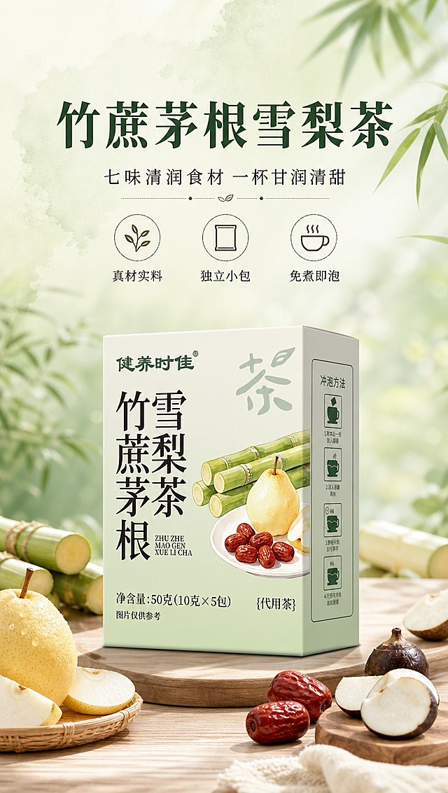 [商品] 使用【图1】健养时佳竹蔗茅根雪梨茶盒装产品；保留包装盒结构、浅绿色渐变底色、'健养时佳'绿色Logo、'竹蔗茅根雪梨茶'黑色大字、拼音标注、'代用茶'字样、净含量50克(10克×5包)文字、右侧冲泡方法图示及竹蔗雪梨红枣插画图案；产品角度为正面微侧45度，清晰展示正面与右侧面。
[画面] 目标：头图海报，营造清润自然的茶饮氛围。构图：上文下图，上方留白放标题文案，下方产品居中偏下，产品占画面约55%。前景：散落的新鲜雪梨片、竹蔗段、红枣、荸荠等食材点缀；中景：产品包装盒置于浅色木质台面上；后景：柔和虚化的浅绿色渐变与淡竹叶影，≥3层环境元素。阅读动线：从上至下，先看标题再看产品。
[视觉] 套系策略：风格=清新自然水彩风商业摄影，温润治愈；标题字=宋体衬线粗体，雅致有东方感；正文字=简洁无衬线体；主色=浅薄荷绿+米白；背景延展=基于浅绿做深浅渐变、同色晕染和细腻纸张/水彩质感；强调色=暖棕红（枣红色），仅用于小面积图标、引线和标签点缀；标题色=深墨绿；正文色=深暖灰；组件=圆角浅底信息卡、细线引线、水滴形标签；光影=左前侧柔和自然光，产品底部有自然接触阴影。
[文字] 上方居中主标题：「竹蔗茅根雪梨茶」，副标题：「七味清润食材 一杯甘润清甜」，下方配3个短卖点icon：「真材实料」「独立小包」「免煮即泡」；文字区不遮挡产品正面主体与Logo，所有文字横向排版，字号保证手机端清晰可读。
[规格] 图片比例9:16竖版，4K分辨率，负向提示：避免变形、错字、文字过小、功效词、医疗表述、内包小袋展示、冷蓝灰背景、产品颜色改变、包装文字错乱。