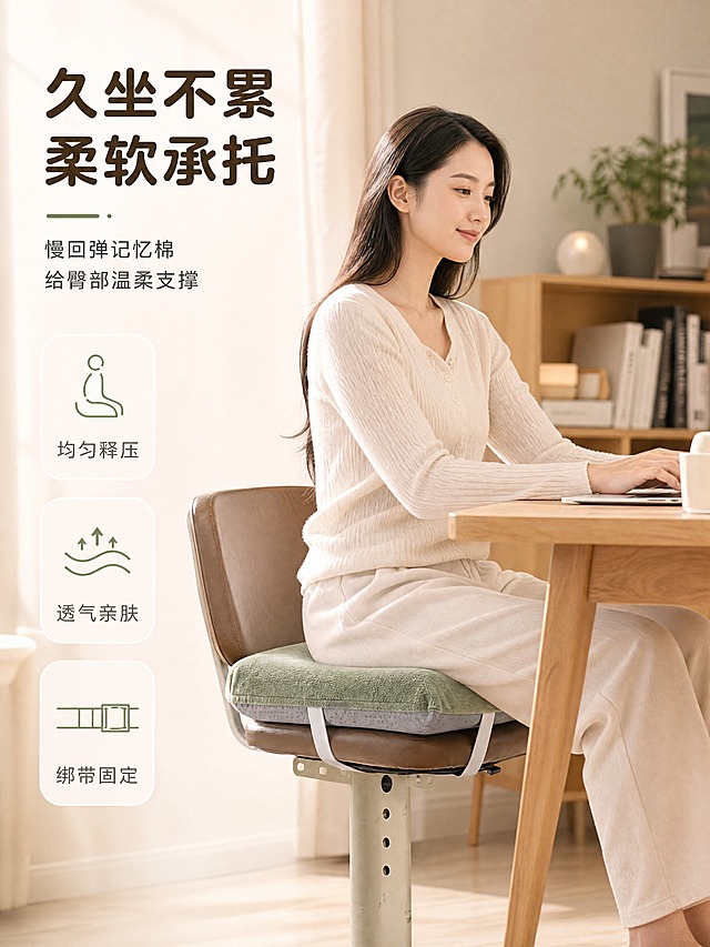 [商品] 使用【图10】豆绿色记忆棉坐垫安装在椅子上的状态；保留坐垫的方形轮廓、厚度、短毛绒豆绿色正面、灰色防滑底、白色绑带固定结构、椅子升降支架形态；自然理顺坐垫表面，增强毛绒纹理质感，不改变版型和颜色。
[画面] 目标：居家办公场景使用展示，体现久坐舒适与真实使用状态。构图：左文右图，右侧为人物坐在餐椅上的半身场景，左侧留白放文案；主体占画面60%，侧面45度视角；阅读动线从左上标题→中部卖点→右侧人物坐姿；前中后景：前景浅木书桌一角、中景人物与带坐垫的椅子、后景温馨居家书房背景（书架/绿植/台灯虚化）。人物：亚洲年轻女性，穿简约家居服，自然端坐，手放桌面办公，表情放松舒适。
[视觉] 套系策略：风格=温馨家居商业摄影；标题字=圆润黑体粗体；正文字=简洁无衬线体；主色=暖米杏；背景延展=基于暖米杏做深浅层级、同色渐变和细腻哑光墙面/木纹质感；强调色=豆绿色，仅用于小面积图标、引线和标签；标题色=深暖棕；正文色=中暖灰；组件=圆角浅底信息卡、细线引线；光影=左前侧暖柔光，窗边自然光感，柔和阴影。
[文字] 左上主标题"久坐不累 柔软承托"，副标题"慢回弹记忆棉 给臀部温柔支撑"；下方3个卖点图标+文字："均匀释压""透气亲肤""绑带固定"；文字均为横排，不遮挡人物和坐垫主体。
[规格] 图片比例3:4竖版，4K，避免变形、错字、文字过小、坐垫颜色改变、人物表情僵硬、冷蓝灰背景。