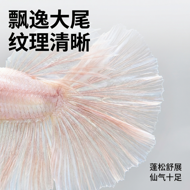 [主图 3] 尾鳍细节放大展示
[氛围/风格] 高清微距，真实通透，突出尾鳍纹理质感
[画面元素] 放大聚焦泰国斗鱼的半月尾鳍部分，展示飘逸纱质纹理的细节，透白浅粉渐变的色彩层次清晰可见，背景干净模糊预览效果