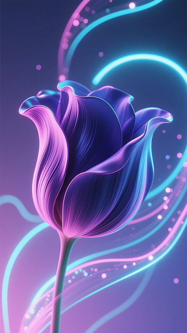 3D渲染的丝绸质感花朵，花瓣呈现流畅飘逸的卷曲形态，表面有细腻的纹理线条，整体以深邃的蓝紫色调为主，搭配霓虹粉与亮青色的渐变色彩，背景为柔和的渐变光效，融入动态的炫光线条元素，线条呈现出流动的曲线形态，带有发光效果，点缀着细碎的光斑，整体营造出梦幻而科技感的氛围，光线从画面上方照射下来，花瓣边缘有明亮的高光，阴影部分过渡自然，保持画面的层次感和空间感。