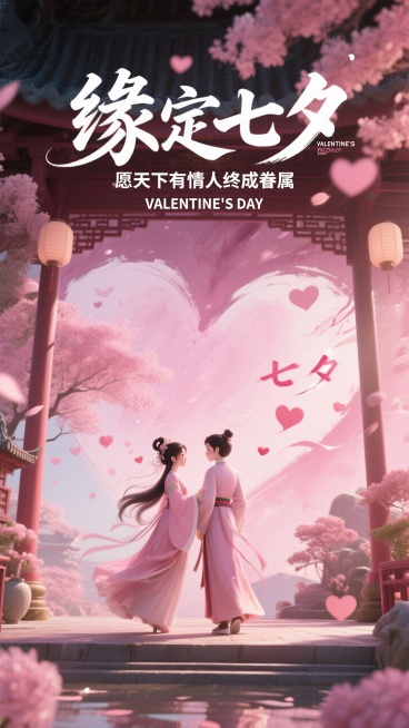 国潮风，粉调浪漫氛围，七夕元素， 水墨晕染风格，节日氛围感拉满
顶部文字：“缘定七夕”小字：“愿天下有情人终成眷属” VALENTINE'S DAY预览效果
