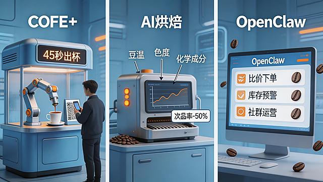 三联画形式，三个场景并排排列。左图是COFE+机器人咖啡亭，机械臂正在制作咖啡，屏幕显示"45秒出杯"，有顾客在扫码支付；中图是AI烘焙场景，一台智能烘焙机，屏幕上显示豆温、色度、化学成分的实时曲线图，旁边有文字"次品率-50%"；右图是OpenClaw咖啡应用场景，一个电脑屏幕，显示OpenClaw的操作界面，正在自动执行"比价下单""库存预警""社群运营"等任务，有咖啡豆图标点缀。整体色调偏冷蓝色，搭配暖橙色作为点缀，充满科技感但不会过于冷硬，整体画面清晰整洁，信息明确