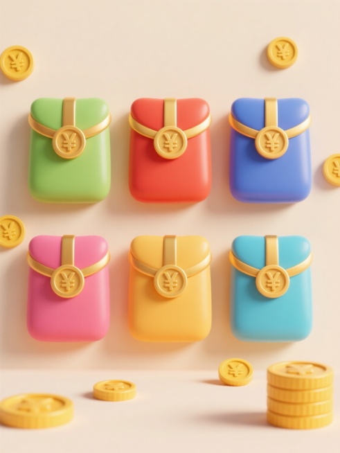 6个不同配色、不同样式、不同材质的红包造型，采用上下两行对齐排列，放置在浅色背景上。红包设计具有卡通风格，表面有光滑的质感和明亮的色彩过渡，每个红包系有金色的丝带并装饰有圆形的金色货币符号。红包周围散落着几堆金黄色的硬币，硬币表面有清晰的货币符号图案，整体画面光影柔和，色彩明快，充满节日的喜庆氛围，具有简洁明了的视觉层级和高效的信息传达效率。预览效果