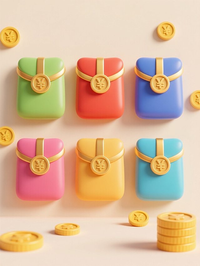 6个不同配色、不同样式、不同材质的红包造型，采用上下两行对齐排列，放置在浅色背景上。红包设计具有卡通风格，表面有光滑的质感和明亮的色彩过渡，每个红包系有金色的丝带并装饰有圆形的金色货币符号。红包周围散落着几堆金黄色的硬币，硬币表面有清晰的货币符号图案，整体画面光影柔和，色彩明快，充满节日的喜庆氛围，具有简洁明了的视觉层级和高效的信息传达效率。
