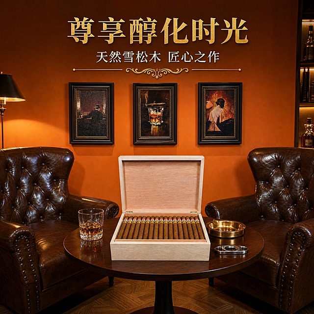 [主图-4] 雪松木醇化盒场景展示，盒子内装满80支雪茄，摆放在高端雪茄室茶几上。
[统一基调] 高端雪茄醇化风格，暖棕复古色调，深棕色皮质家具环境，金色点缀，整体传递奢华私密的雪茄品鉴氛围。
[画面] 画面中心是一张深棕色实木圆形茶几，雪松木醇化盒放置在茶几中央，盒盖完全打开向后靠立，盒内整齐码放约80支雪茄，雪茄排列紧密有序，展现大容量装载效果。茶几上还摆放一只水晶威士忌酒杯（盛有琥珀色酒液）、一把雪茄剪、一个黄铜色雪茄烟灰缸。茶几两侧是深棕色拉扣皮质单人沙发椅，背景是暖橙色墙面，墙上挂有三幅雪茄主题装饰画，地面是人字拼木地板。整体场景是高端私人雪茄品鉴室环境，氛围奢华温暖。产品占画面约40%，视角为平视略低角度，展现场景的沉浸感。
[光影质感] 商业摄影质感，暖调环境光从侧面打来，整体光线柔和温暖，雪松木表面有温润光泽，皮质沙发有自然的高光与褶皱，墙面与装饰画有柔和光影层次，茶几上的玻璃酒杯有通透反光，整体氛围醇厚高级，如高端杂志家居摄影。
[配色] 主色调为暖棕色、深棕色与暖橙色，点缀金色（五金、装饰）与琥珀色（酒液），整体暖调统一，奢华沉稳。
[文字版式] 画面上方有主标题"尊享醇化时光"，使用金色厚重衬线粗体，字号较大；下方副标题"天然雪松木 匠心之作"使用米白色衬线体，字号约为主标题的50%；标题下方有金色装饰花纹分隔线。文字位于画面上方负空间，不遮挡产品与主要场景元素。
[输出要求] 1:1正方形比例，2K分辨率，场景真实自然，产品融入环境无悬浮感，雪松木纹理清晰，雪茄形态准确，文字清晰。禁止变形、错字、模糊、杂乱、水印、平台Logo、产品边缘硬切、穿模。