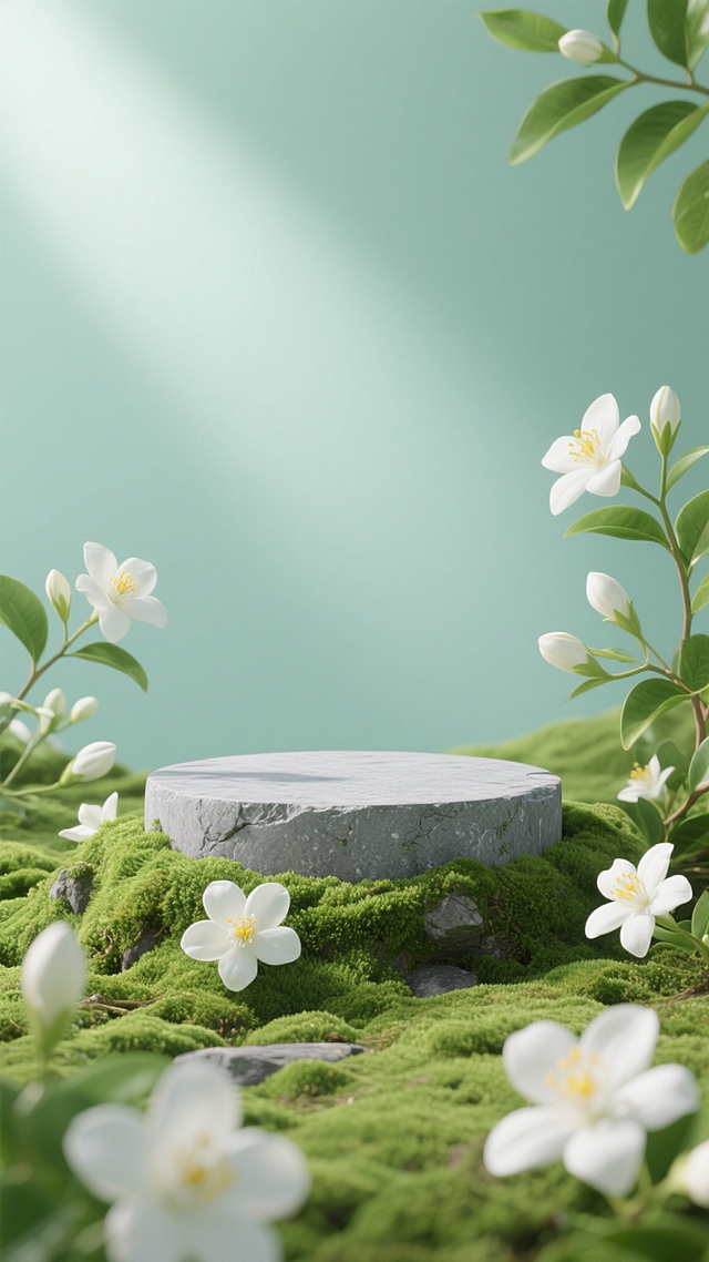 一张3D渲染风格的展示场景，画面中心是一块灰色的圆形展台，展台表面有自然的石质纹理，周围覆盖着鲜绿色的苔藓，苔藓上点缀着白色的茉莉花，有的完全绽放，露出黄色的花蕊，有的含苞待放。画面整体采用夏日主题配色，以清爽的薄荷绿为背景色，搭配白色的茉莉花和绿色的枝叶，营造出清新自然、宁静舒适的夏日氛围。光线柔和，从上方均匀照射下来，在展台和植物上形成淡淡的阴影，增强了画面的立体感和层次感。构图上，展台位于画面正中央，周围的茉莉花和枝叶以自然的形态分布，前景有几朵盛开的茉莉花作为点缀，背景简洁干净，突出展台的主体地位。