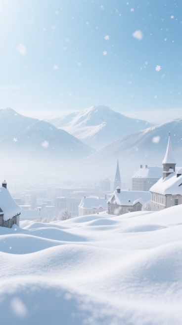 超写实风格的冬季雪景特写，纯净的白色积雪覆盖大地，呈现出细腻的纹理和自然的波浪起伏，远处是朦胧的雪山轮廓，天空为明亮的浅蓝色并带有柔和的光线效果，画面中飘着轻盈的雪花，近处的雪地上点缀着被雪覆盖的城市建筑屋顶和尖顶轮廓，整体营造出宁静而梦幻的冬日城市氛围，光线柔和，色彩以蓝白为主色调，保持高度的真实感和细腻的质感表现。预览效果