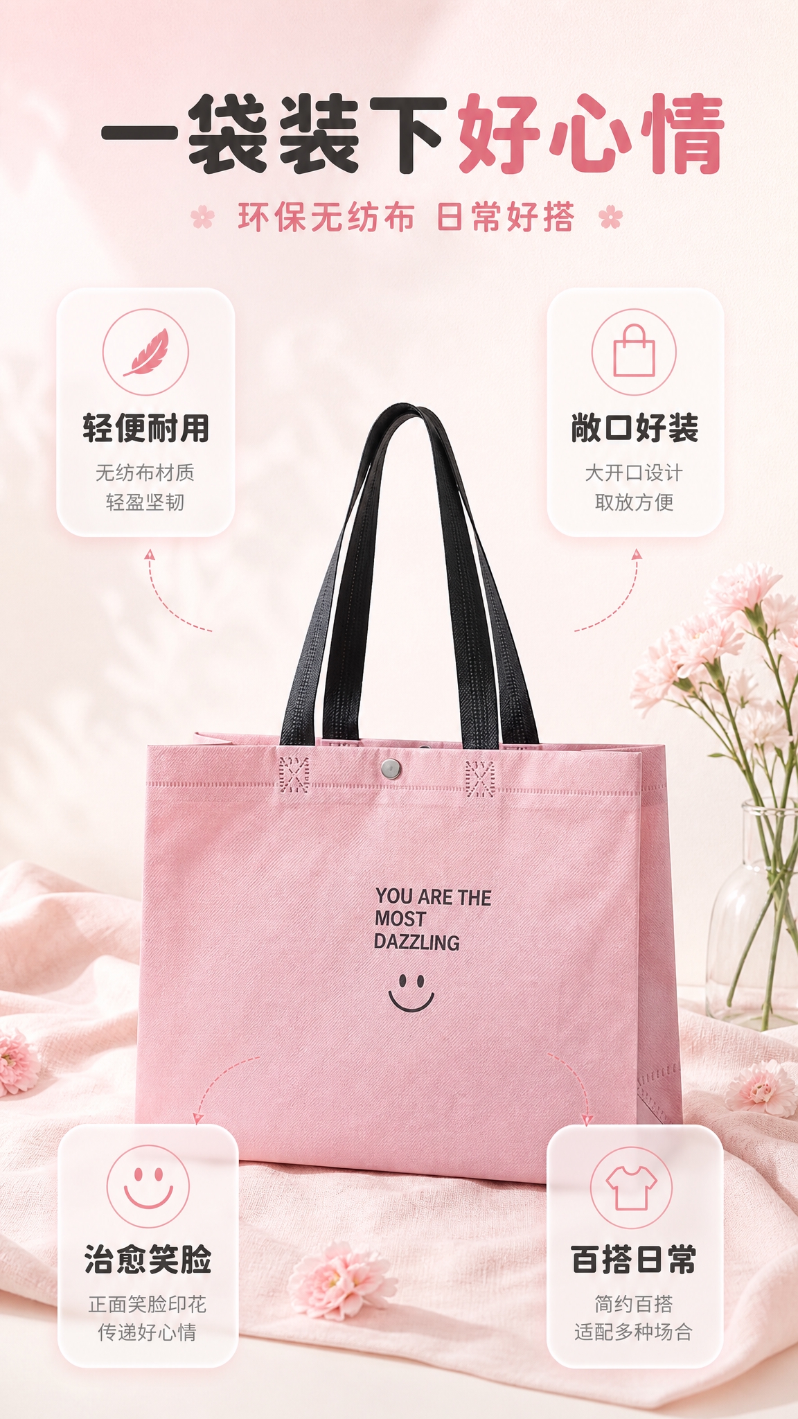 [商品] 使用【图1】粉色无纺布手提袋（环保购物袋）；商品处理… - 图片创意预览