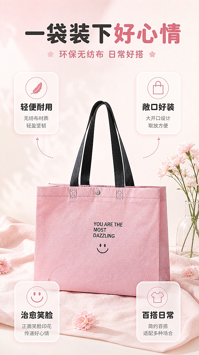 [商品] 使用【图1】粉色无纺布手提袋（环保购物袋）；商品处理：保留浅粉色无纺布袋身、黑色加宽织带双提手、袋身正面黑色英文印刷标语与笑脸图案、银色金属按扣、X形加固缝线、风琴侧边结构；理顺褶皱，增强无纺布纹理、织带和车缝质感，不改变包型、颜色与结构；去除原图画面上的“源头工厂”“定制咨询客服”等宣传叠字，只保留产品本体。
[画面] 卖点总览：中心商品正面略俯视摆放占画面约50%，置于浅粉亚麻布面与淡粉色小花道具上；四周环绕4个圆角信息卡（左上、右上、左下、右下），每卡配细线圆形小图标；信息卡与商品之间留白，阅读动线从商品到四张卡片；背景为奶油白到浅粉渐变，画面干净有纸感层次。
[视觉] 套系策略：风格=清新治愈粉调商业摄影，温柔高级生活感；标题字=圆润粗无衬线体；正文字=简洁细圆无衬线体；主色=樱花粉；背景延展=奶油白至浅粉渐变，同色系米白浅粉空间场景；强调色=珊瑚粉，仅用于小面积图标、引线、标签；标题色=深灰黑；正文色=暖灰粉；组件=半透明白色圆角卡片、细线引线、圆形小图标；光影=左前侧柔和自然光。
[文字] 顶部主标题“一袋装下好心情”最大加粗，副标题“环保无纺布 日常好搭”小一号；四张卡片文字为“轻便耐用”“敞口好装”“治愈笑脸”“百搭日常”；正文手机端可读，全部横排，不遮挡袋身印刷。
[规格] 9:16竖版，高清细节，避免变形、错字、文字过小、冷蓝冷灰背景、袋身颜色改变、水印、平台Logo。