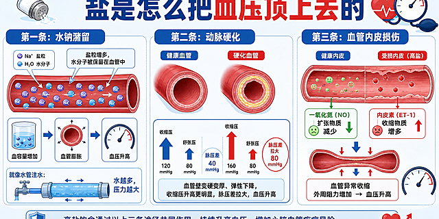 医学科普插图，主题为盐升高血压的三条机制，画面横向分为三个区域，每个区域对应一条机制，整体风格扁平插画，清新医学科普风，配色以蓝色、红色、白色为主，干净美观。左侧区域：水钠潴留机制，展示血管内盐粒增多，水分子被保留在血管中，血容量增加，血管膨胀，旁边标注"第一条：水钠潴留"，用箭头表示压力上升，像水管注水一样的比喻示意。中间区域：动脉硬化机制，展示血管壁变硬变厚、弹性下降的横截面对比，健康血管与硬化血管并置，收缩压箭头比舒张压箭头更长，脉压差拉大，旁边标注"第二条：动脉硬化"。右侧区域：血管内皮损伤机制，展示血管内壁受损，一氧化氮（扩张物质）减少、内皮素（收缩物质）增多，血管异常收缩，旁边标注"第三条：血管内皮损伤"。画面顶部有标题"盐是怎么把血压顶上去的"，整体构图均衡，信息清晰，专业医学插画风格，2:1横版构图